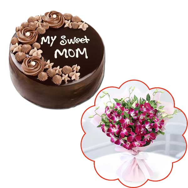 "Round shape Chocolate cake - 1kg, Flower Bouquet with Orchids - Click here to View more details about this Product